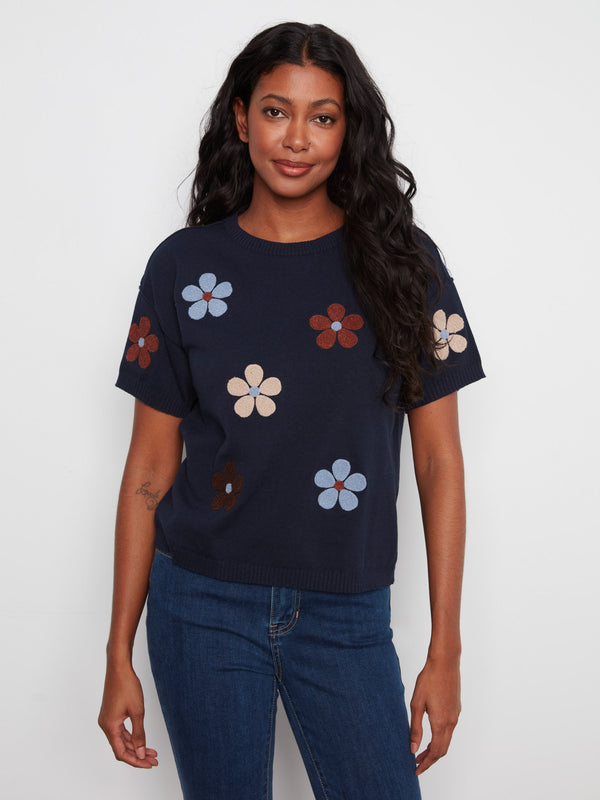 Cotton Floral Embroidered Short Sleeve Sweater - Navy