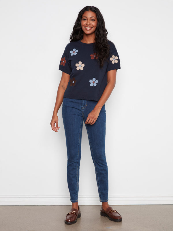 Cotton Floral Embroidered Short Sleeve Sweater - Navy