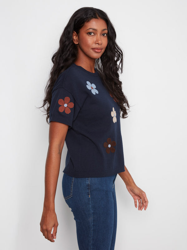Cotton Floral Embroidered Short Sleeve Sweater - Navy