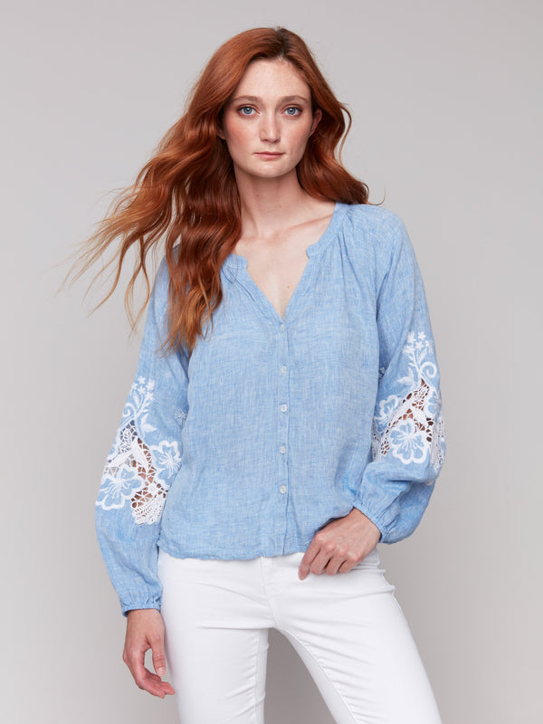 Sophisticated chambray blouse with delicate details by Charlie B.