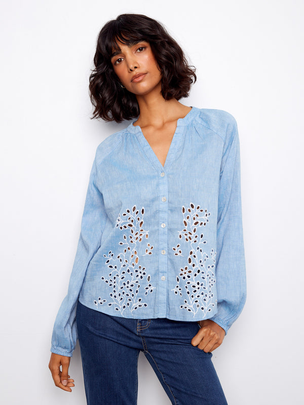 Chic blouse with a stand neckline and button-front closure, featuring elegant eyelet embroidery for a stylish touch by Charlie B.