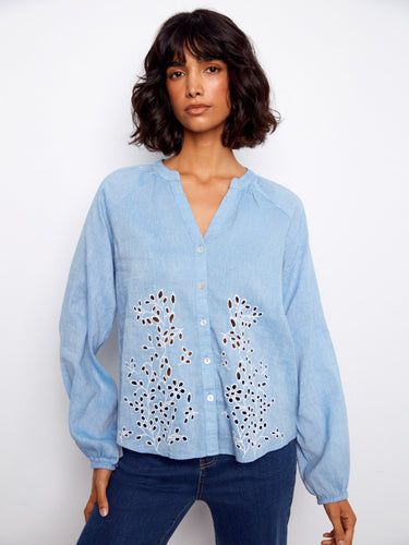 Elegant top with elastic cuffs and intricate eyelet embroidery, combining comfort and style effortlessly by Charlie B.