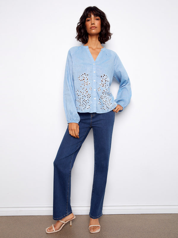 Blouse with a stand neckline highlighted by detailed eyelet embroidery, adding sophistication to any outfit by Charlie B.