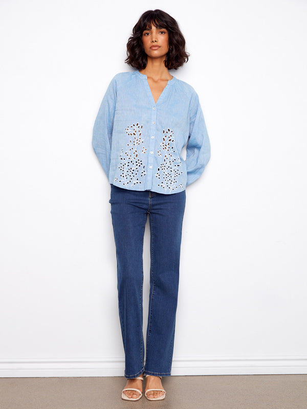 Sophisticated top featuring elastic cuffs alongside stunning eyelet designs, perfect for versatile styling options by Charlie B.