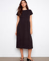 Black cotton midi dress featuring short sleeves for a casual look by Charlie B.