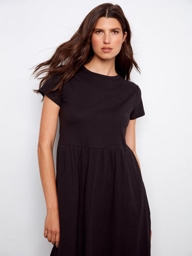 Elegant black midi dress in 100% cotton with a refined crew neckline by Charlie B.