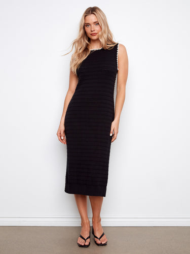 Elegant black dress featuring a classic crew neck and crafted from 100% cotton for comfort and style by Charlie B.