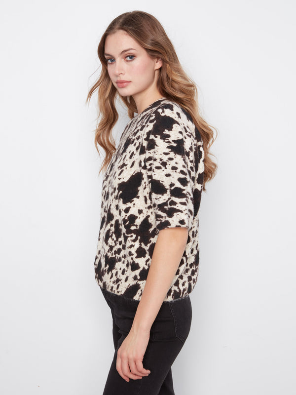 Cow Print Balloon Elbow Sleeve Knit Sweater - Spots