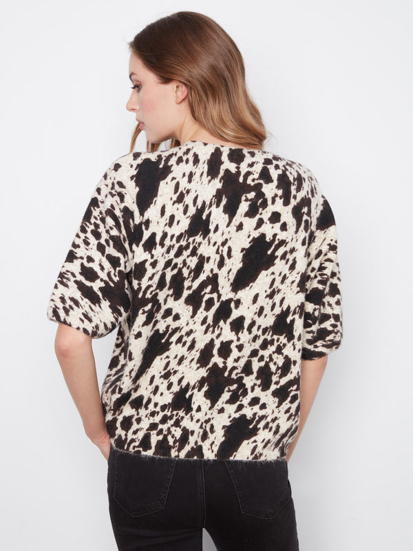 Cow Print Balloon Elbow Sleeve Knit Sweater - Spots