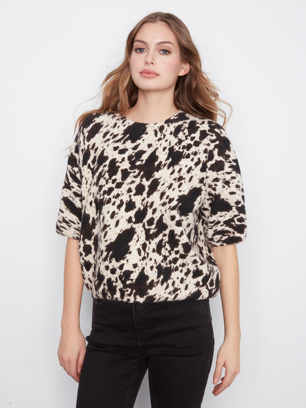 Cow Print Balloon Elbow Sleeve Knit Sweater - Spots
