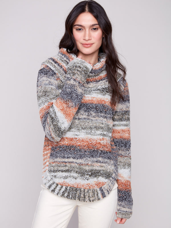 Warm striped sweater with a relaxed cowl neck, crafted for comfort and fashion-forward looks by Charlie B.