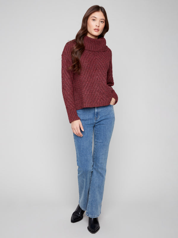 Stylish cowl neck sweater in cabernet with a slit hem, adding flair to your wardrobe by Charlie B.
