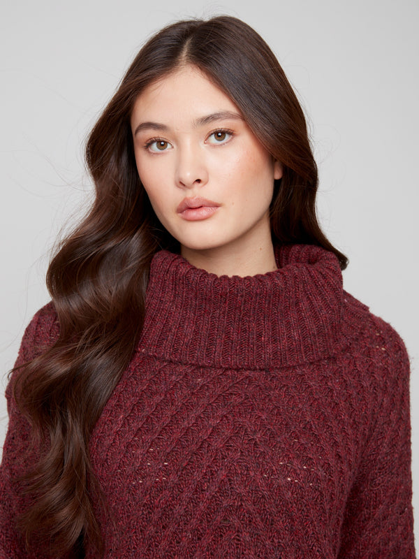 Cozy cabernet cable knit sweater with ribbed detailing and modern style by Charlie B.