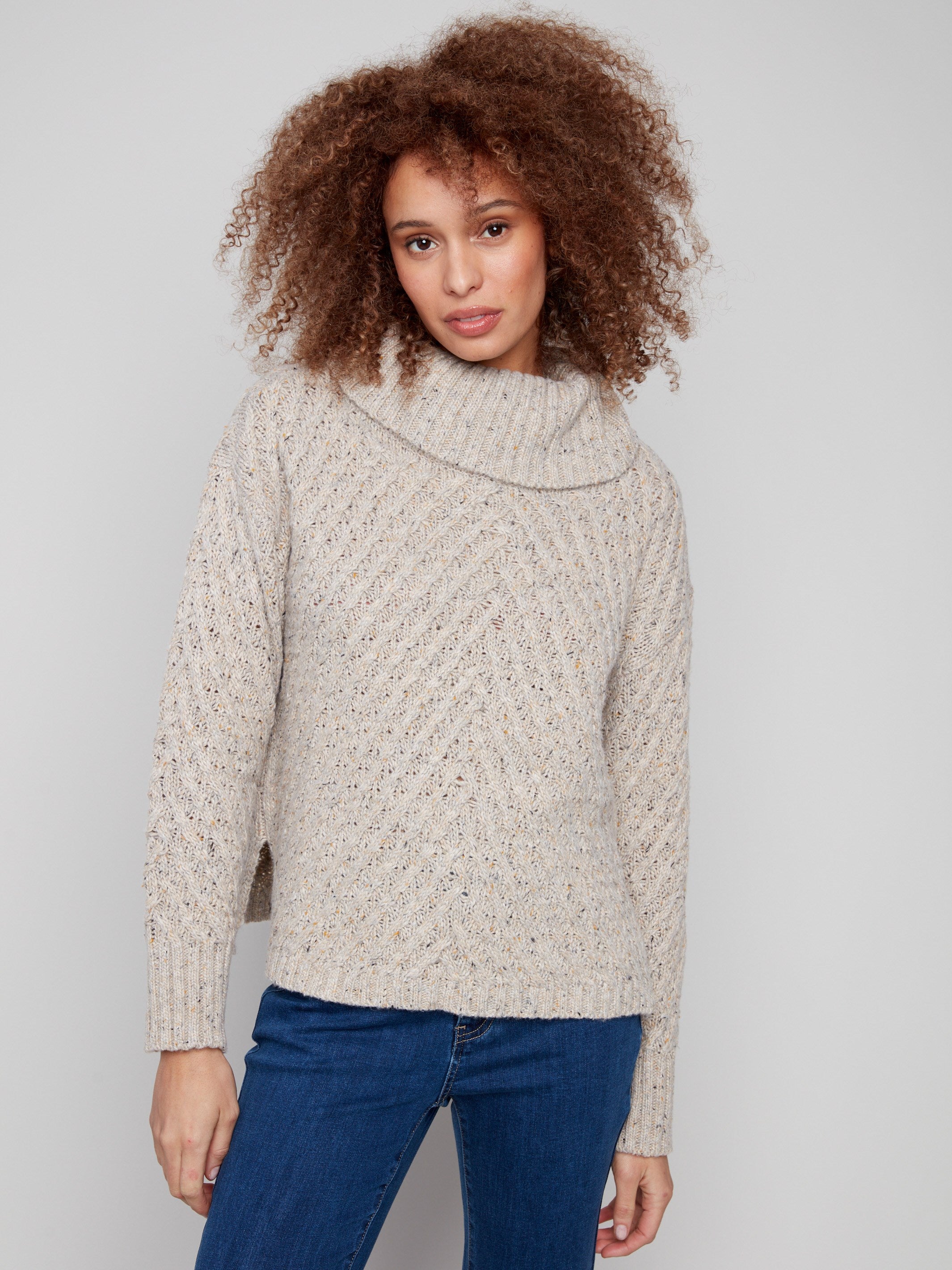 Cowl neck sweater in Heather Oat tone, designed with a slit hem for added style and comfort by Charlie B.