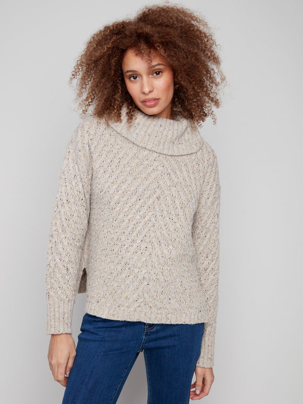 Cowl neck sweater in Heather Oat tone, designed with a slit hem for added style and comfort by Charlie B.