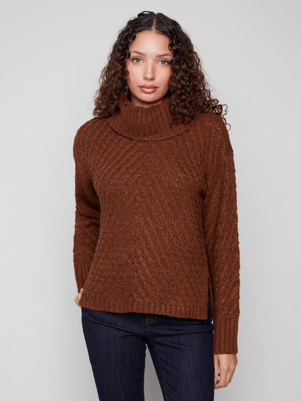 Sepia sweater featuring a cozy cowl neckline, perfect for chilly days. The relaxed fit adds comfort and style by Charlie B.