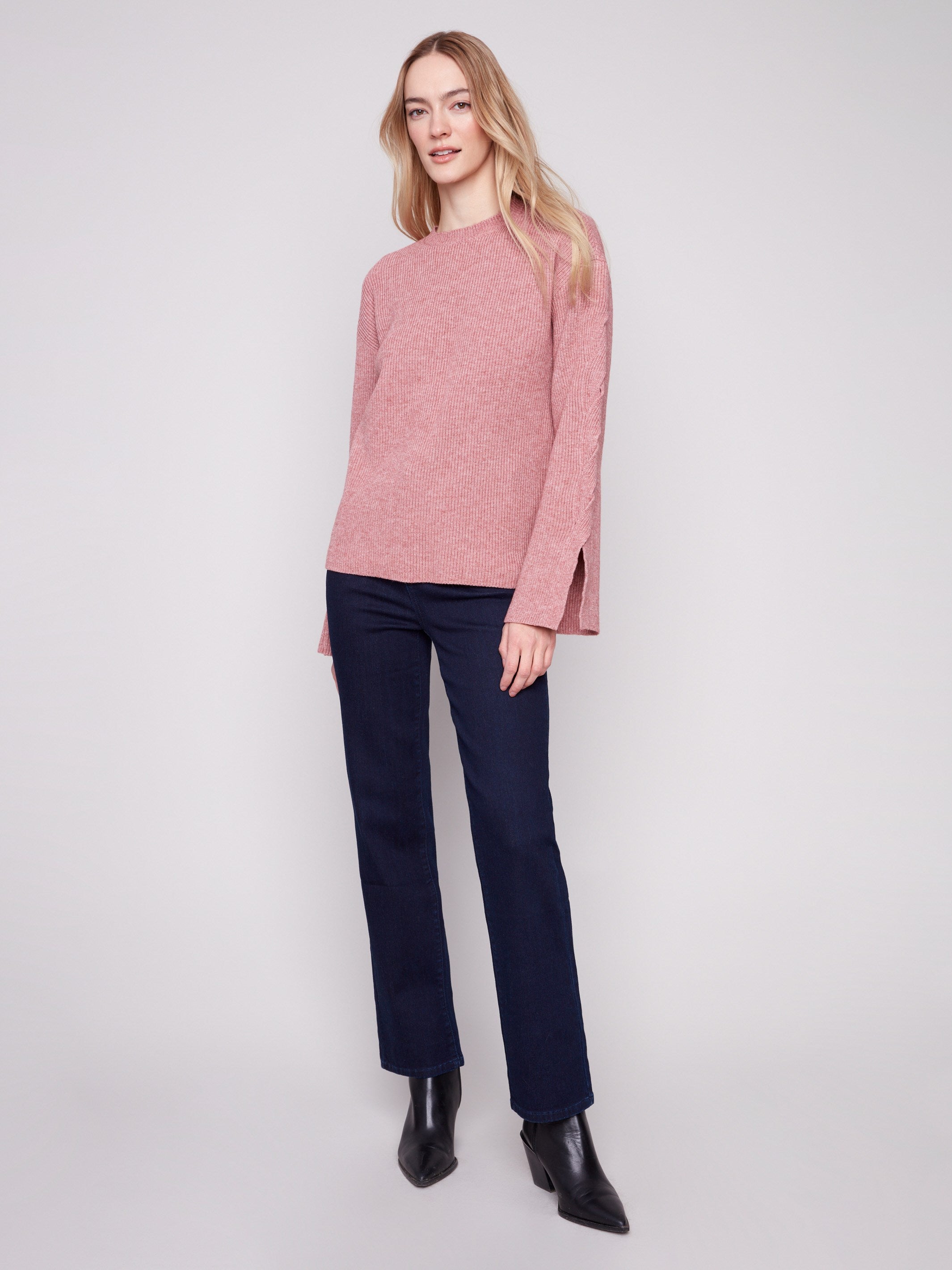 Heather primrose sweater showcasing a classic crew neck and relaxed fit by Charlie B.