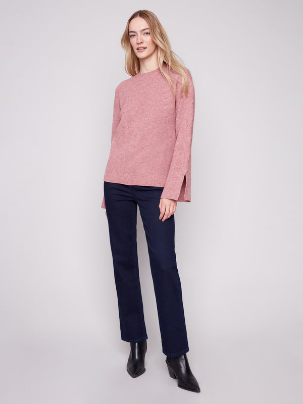 Heather primrose sweater showcasing a classic crew neck and relaxed fit by Charlie B.