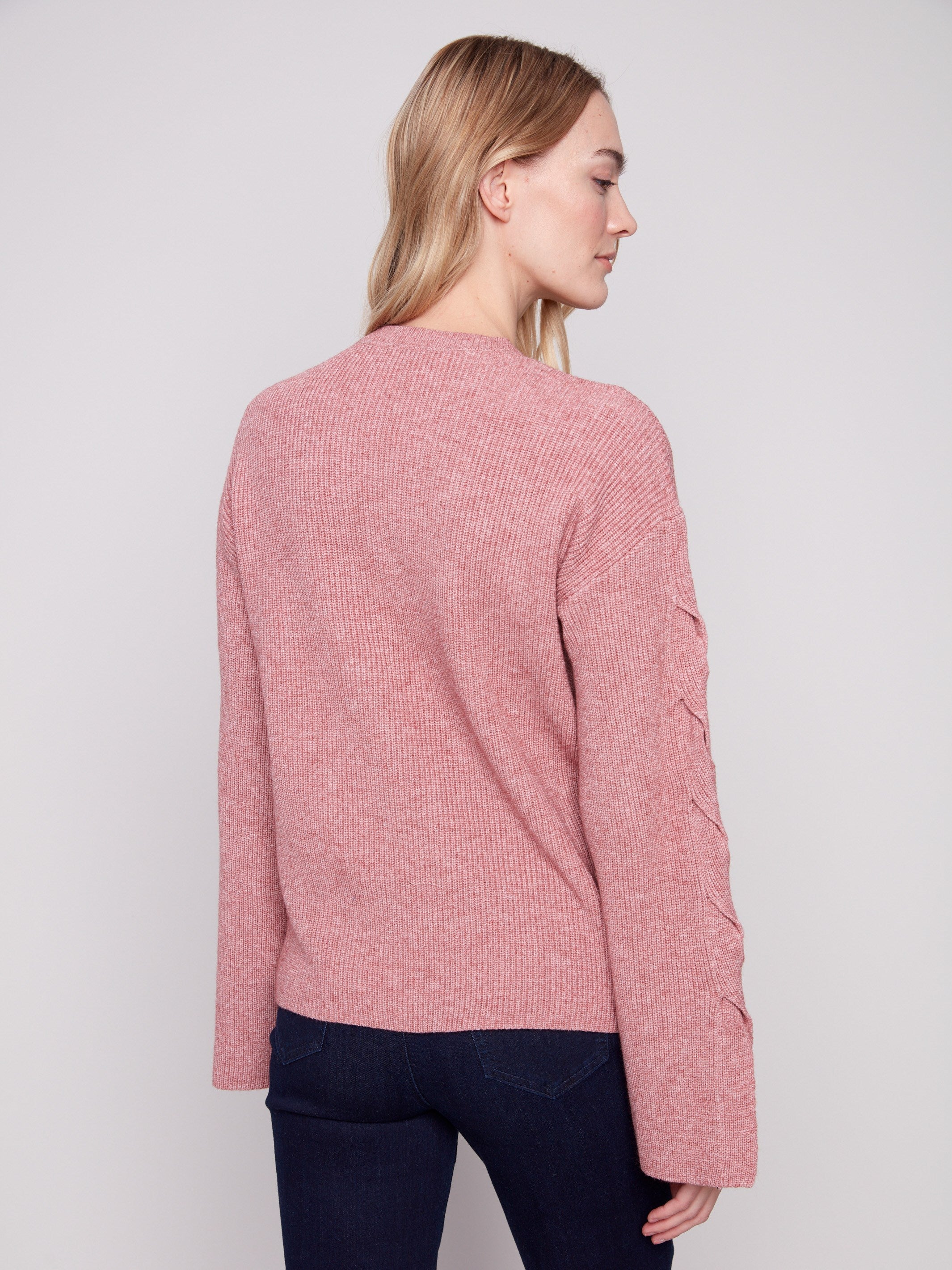 Stylish drop shoulder design in this heather primrose sweater, perfect for layering by Charlie B.