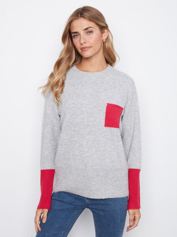 Crew Neck Sweater With Contrast Details - Heather Grey