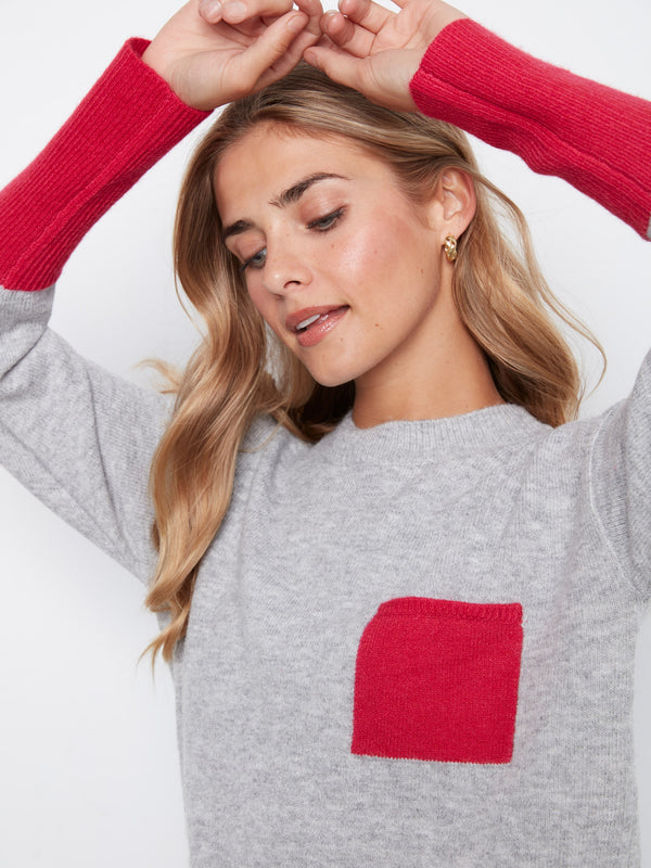 Crew Neck Sweater With Contrast Details - Heather Grey