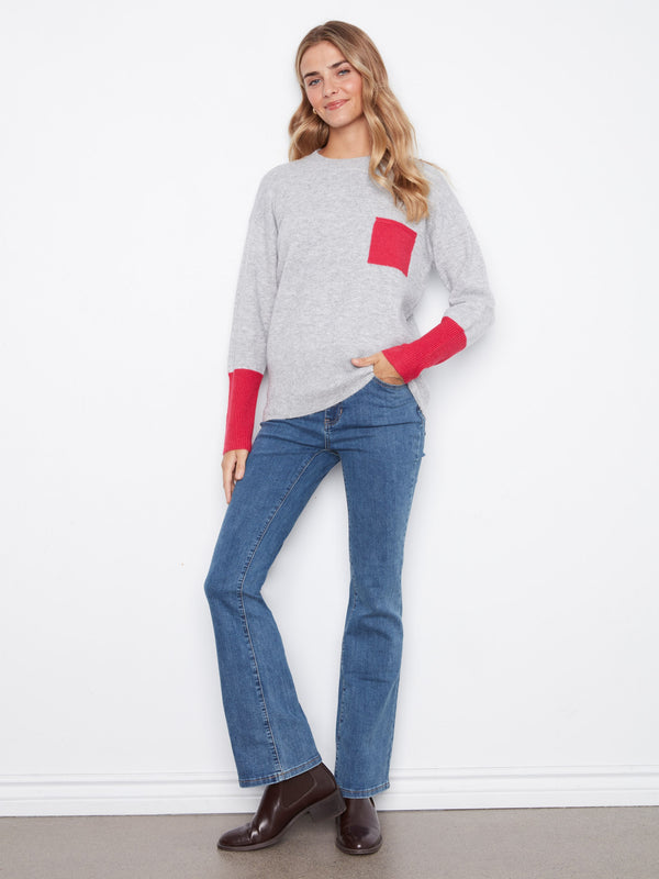 Crew Neck Sweater With Contrast Details - Heather Grey