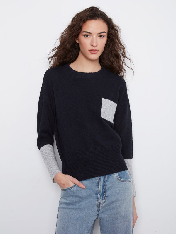 Crew Neck Sweater With Contrast Details - Navy