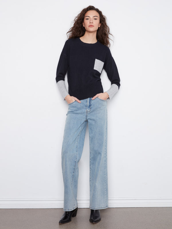 Crew Neck Sweater With Contrast Details - Navy
