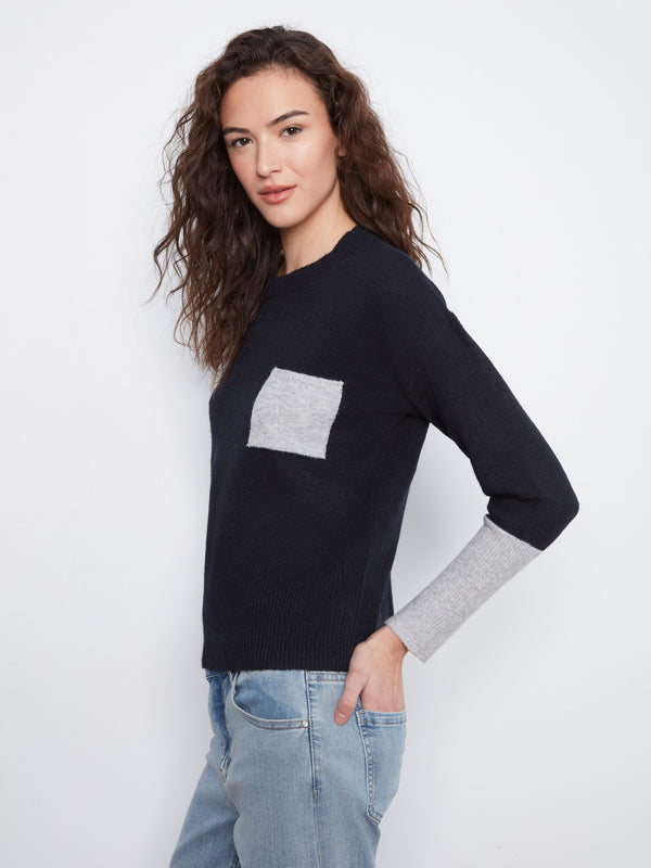 Crew Neck Sweater With Contrast Details - Navy