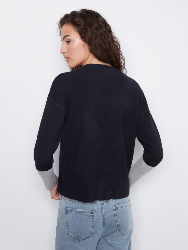Crew Neck Sweater With Contrast Details - Navy