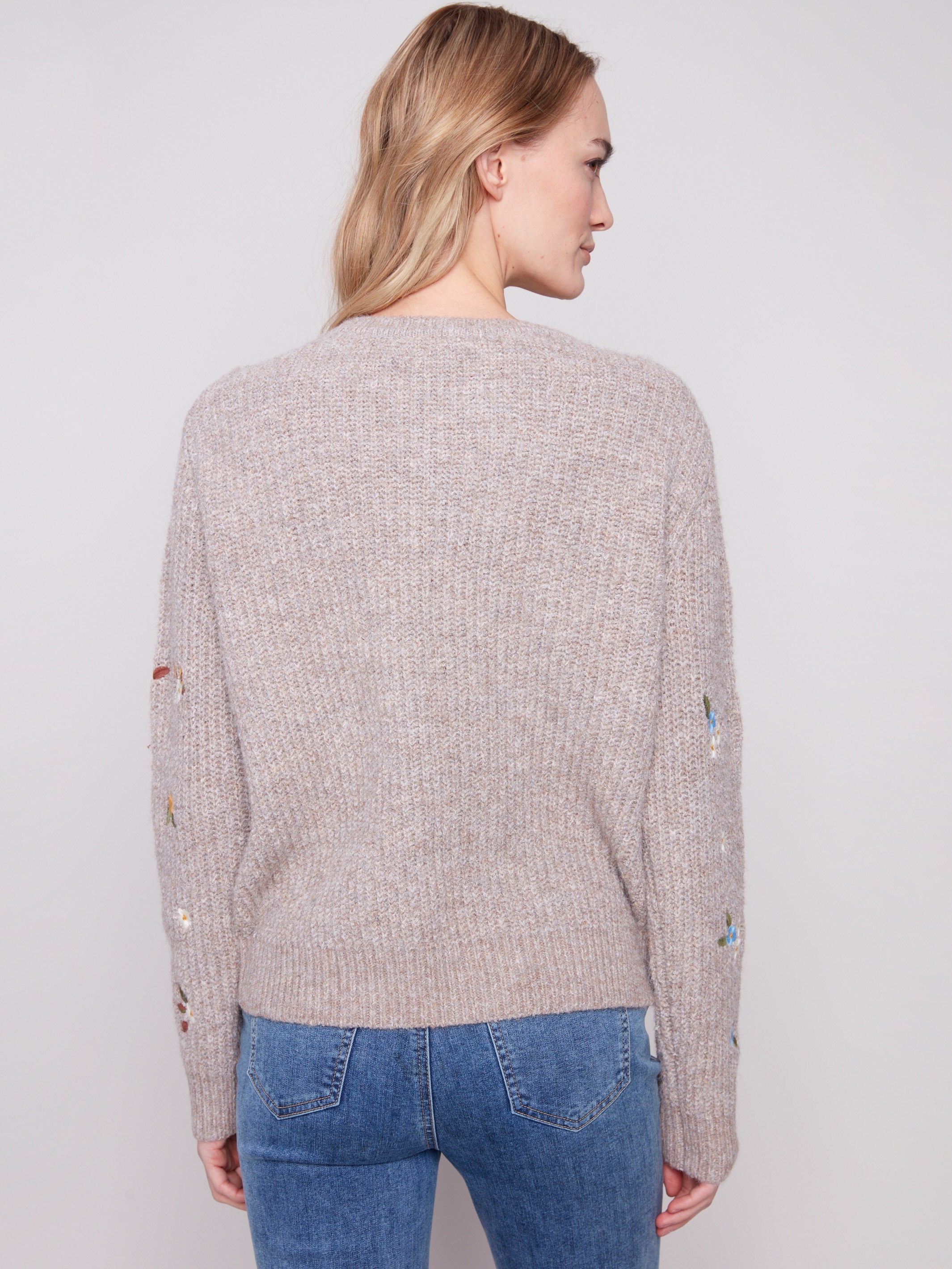 Heather light brown knit sweater, beautifully detailed with embroidered flowers and a comfortable fit by Charlie B.