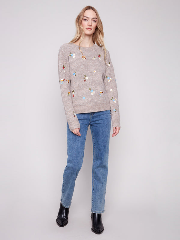 Crew Neck Sweater With Floral Embroidery - Heather Light Brown