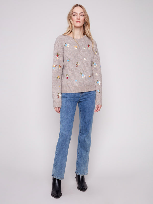 Crew Neck Sweater With Floral Embroidery - Heather Light Brown