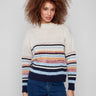 Colorful striped sweater with cozy crew neck and knit cuffs, perfect for chilly days by Charlie B.