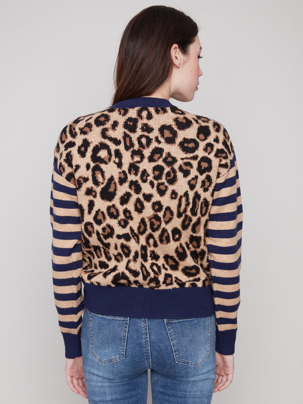 Leopard jacquard body sweater with complementary striped sleeves and ribbed cuffs adds flair to any outfit by Charlie B.