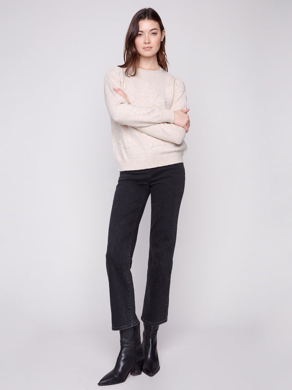 Crew Neck Sweater with Tonal Embroidery - Heather Oat