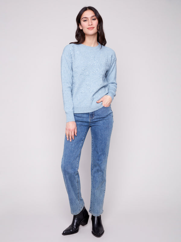 Stylish heather oxford sweater with drop shoulder design, adorned with delicate floral embroidery by Charlie B.