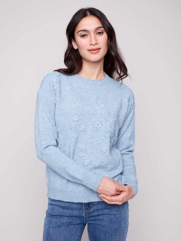Crew Neck Sweater with Tonal Embroidery - Heather Oxford