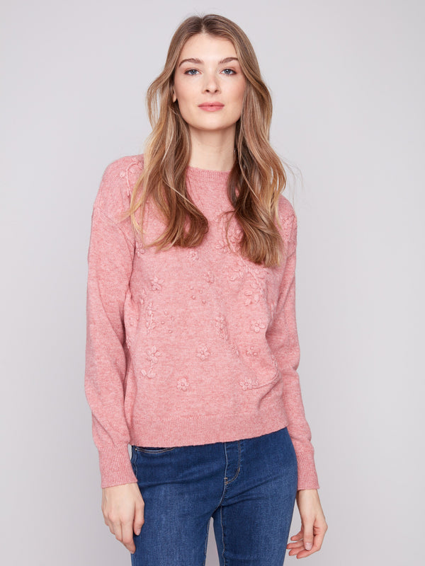 Primrose sweater with a crew neckline and knit cuffs, featuring beautiful tonal embroidery by Charlie B.