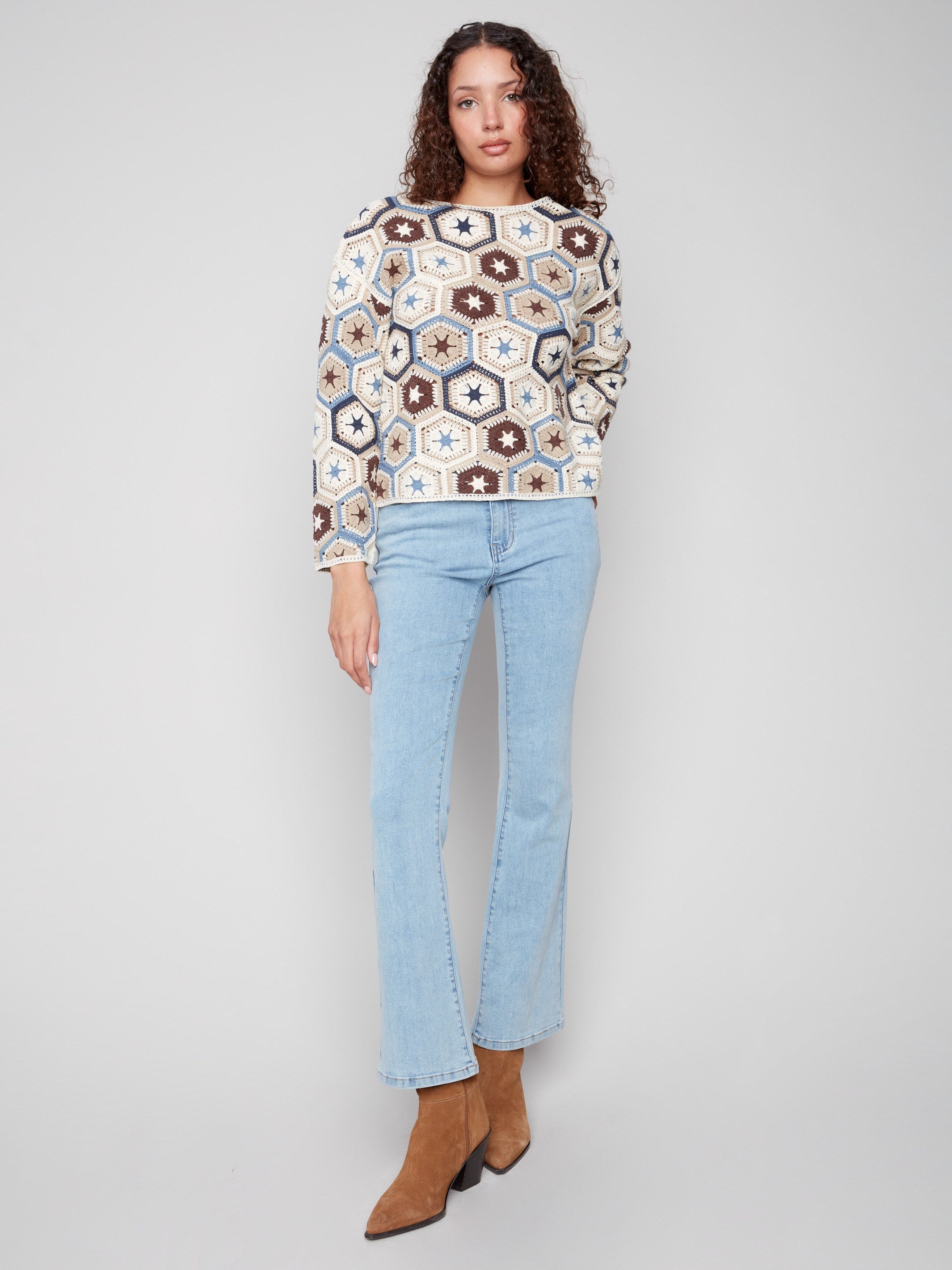 Long sleeve crochet top in multicolor with intricate hexagonal patterns for a unique look by Charlie B.