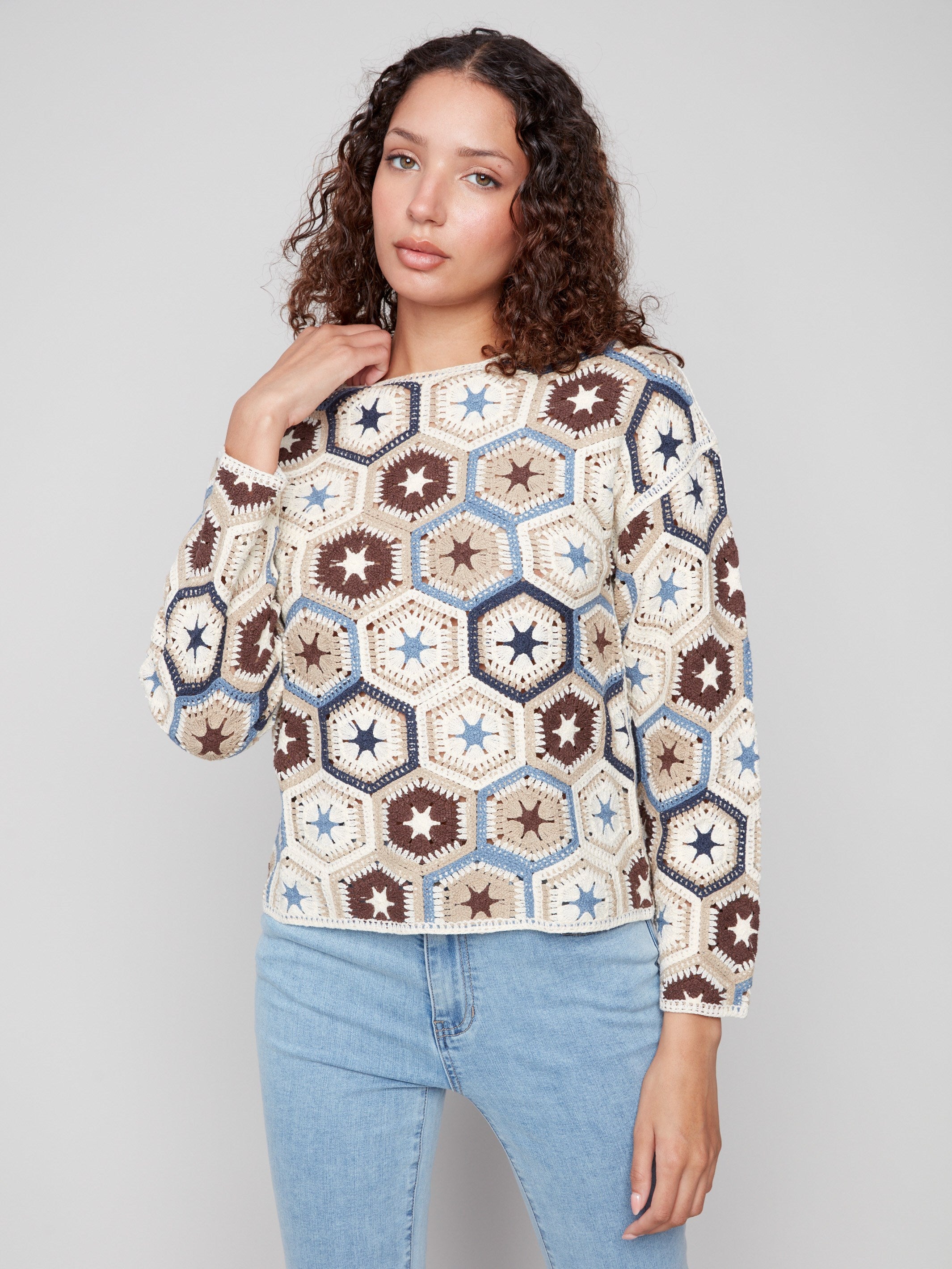 Cotton blend crochet top featuring a captivating hexagonal pattern in multicolor tones by Charlie B.