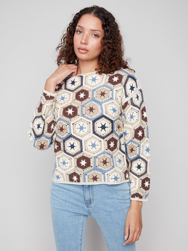 Cotton blend crochet top featuring a captivating hexagonal pattern in multicolor tones by Charlie B.