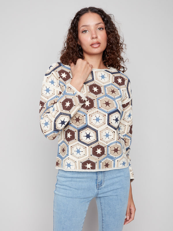 Multicolor crochet top in cotton blend with stunning hexagon motifs, ideal for chic casual wear by Charlie B.