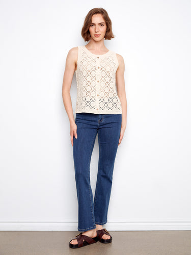 Stylish cotton vest with detailed crochet work and button closure for easy wear by Charlie B.
