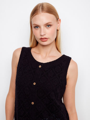 Chic crochet top with crew neckline and button-up detail, offering a stylish sleeveless look by Charlie B.