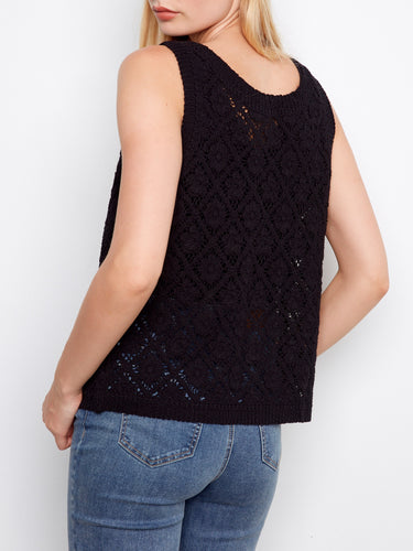 Beautifully crafted crochet pattern adds elegance to this versatile sleeveless piece by Charlie B.