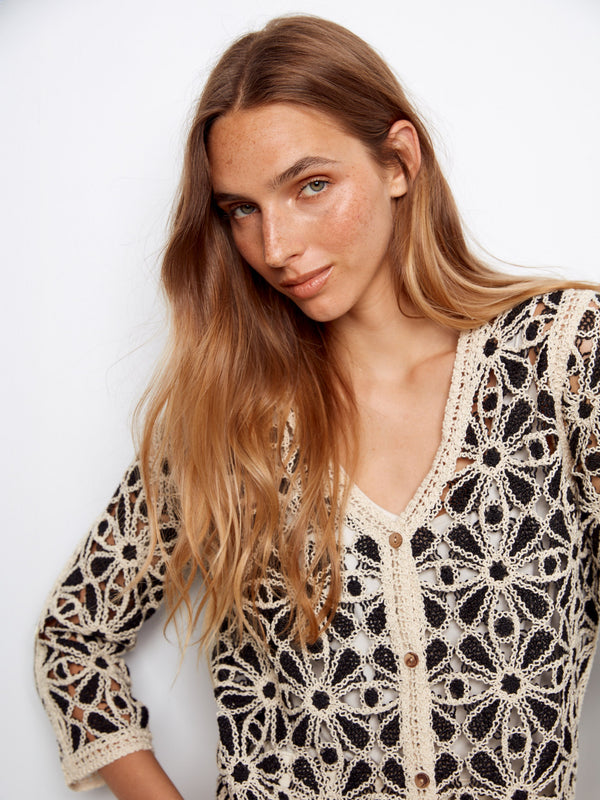 Crochet V-Neck Cardigan - Black