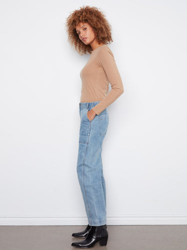 Cropped denim jeans in blue with durable stretch fabric and trendy barrel leg design by Charlie B.