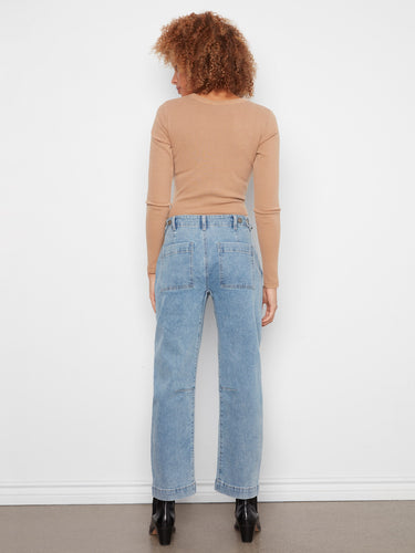 Regular rise denim jeans in blue with fashionable ankle length and patch pocket accents by Charlie B.