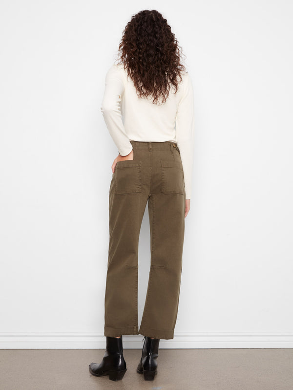 Cropped Barrel Leg Twill Pants - Olive